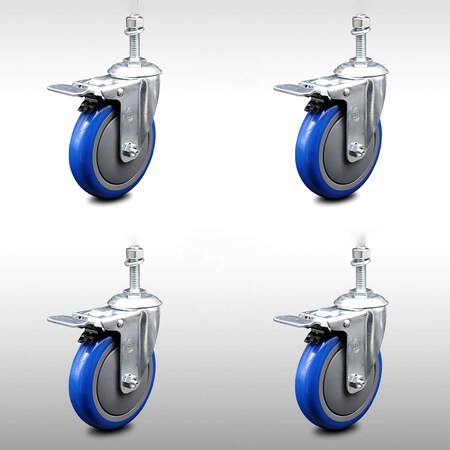Service Caster 5 Inch SS Blue Polyurethane 10mm Threaded Stem Caster Set Total Lock Brake SCC-SSTSTTL20S514-PPUB-BLUE-M1015-4